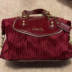 Coach Burgundy Fabric Handbag with Gold Accent. Removable Shoulder Strap